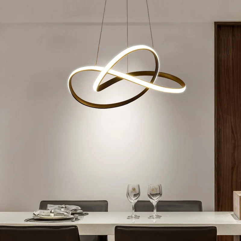 Eigentijdse LED-kroonluchter, zwart/wit touwhangende plafondlamp met metalen kap warm/wit licht Clearhalo