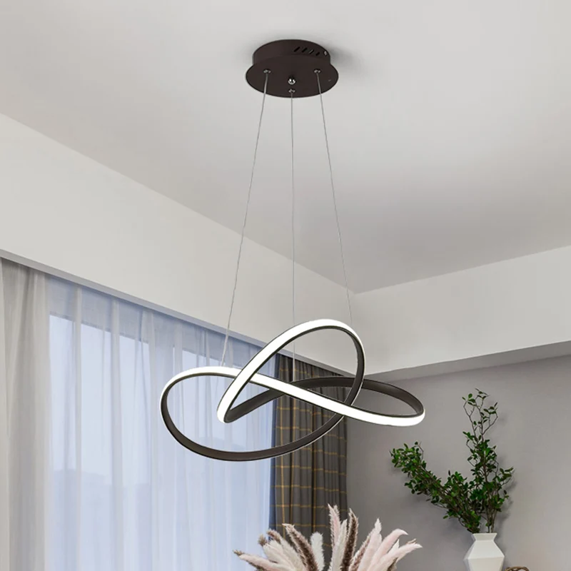 Eigentijdse LED-kroonluchter, zwart/wit touwhangende plafondlamp met metalen kap warm/wit licht Clearhalo