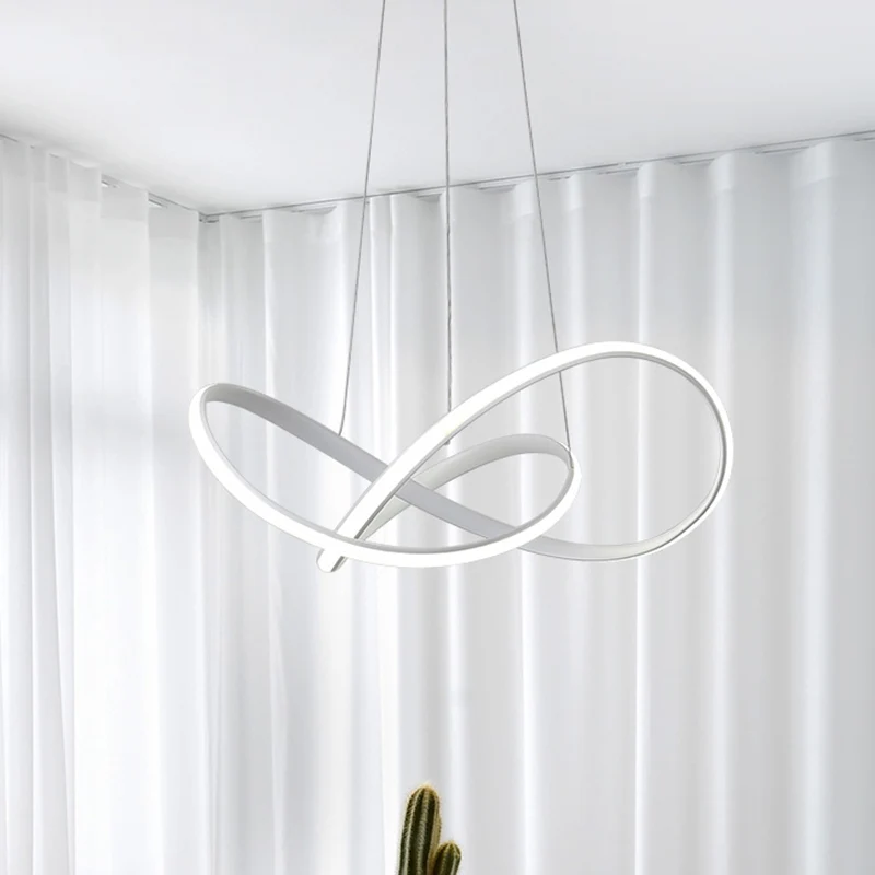 Eigentijdse LED-kroonluchter, zwart/wit touwhangende plafondlamp met metalen kap warm/wit licht Clearhalo