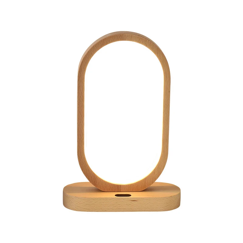 Eigentijdse LED-nachtkastjelamp Beige langwerpige leeslamp met houten kap Clearhalo