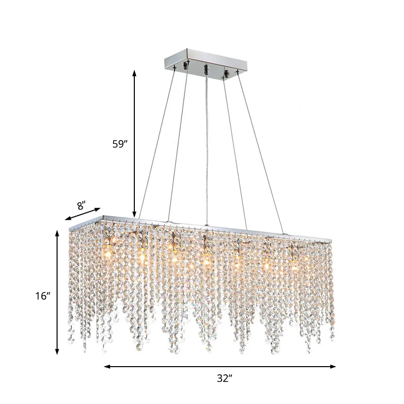 Eigentijdse lineaire hanglamp, helder kristal, 8-lichts hangende plafondlamp verchroomde afwerking Clearhalo