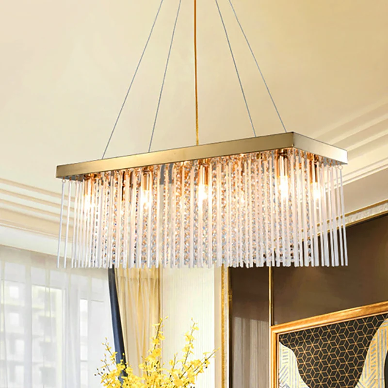 Eigentijdse rechthoekige hangende plafondlamp met kristalaccent gouden LED-plafondkroonluchter, 23,5"/31,5"/39" breed Clea...