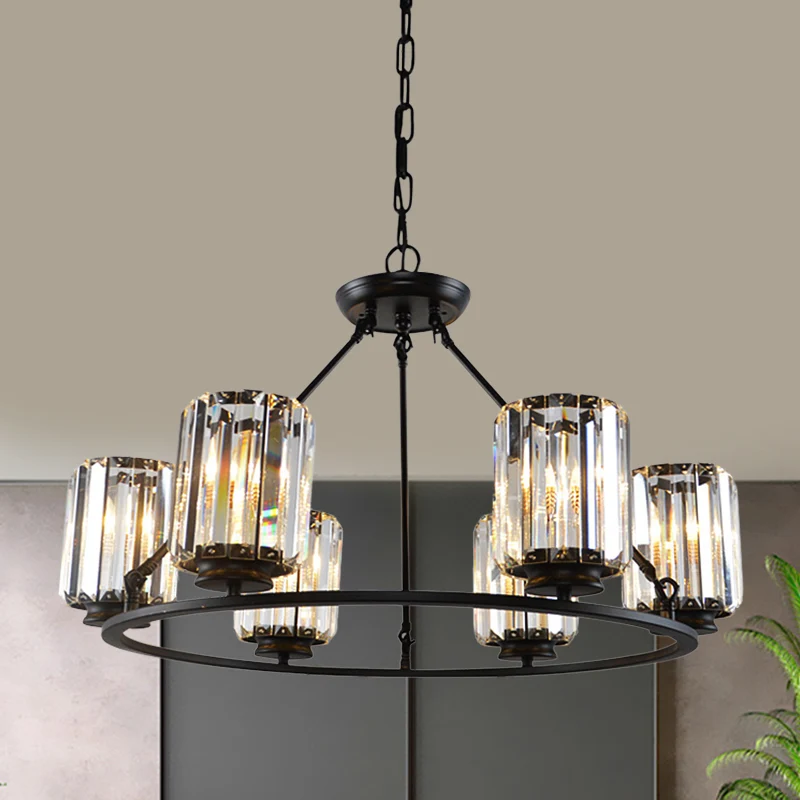 Eigentijdse ringplafondkroonluchter 6/8 lampen Heldere kristallen cilinderschaduw hanglamp zwart Clearhalo