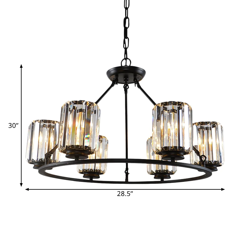 Eigentijdse ringplafondkroonluchter 6/8 lampen Heldere kristallen cilinderschaduw hanglamp zwart Clearhalo