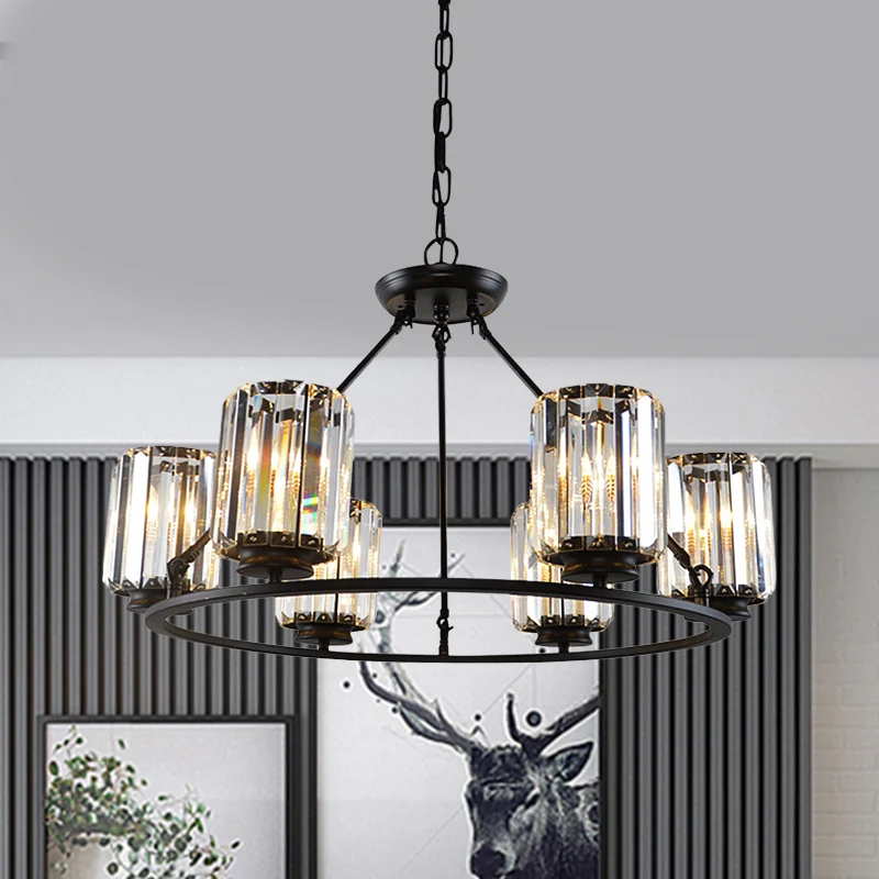 Eigentijdse ringplafondkroonluchter 6/8 lampen Heldere kristallen cilinderschaduw hanglamp zwart Clearhalo