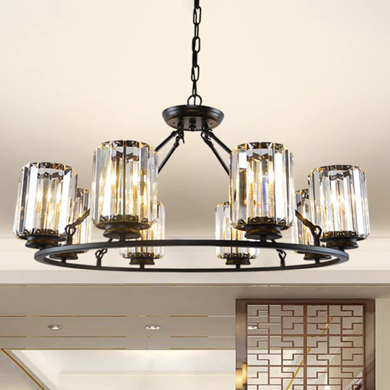 Eigentijdse ringplafondkroonluchter 6/8 lampen Heldere kristallen cilinderschaduw hanglamp zwart Clearhalo