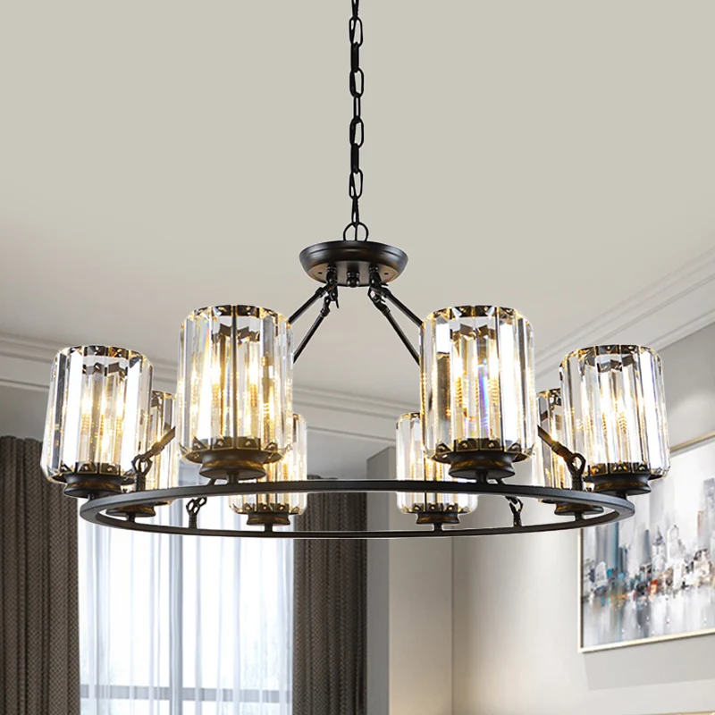 Eigentijdse ringplafondkroonluchter 6/8 lampen Heldere kristallen cilinderschaduw hanglamp zwart Clearhalo