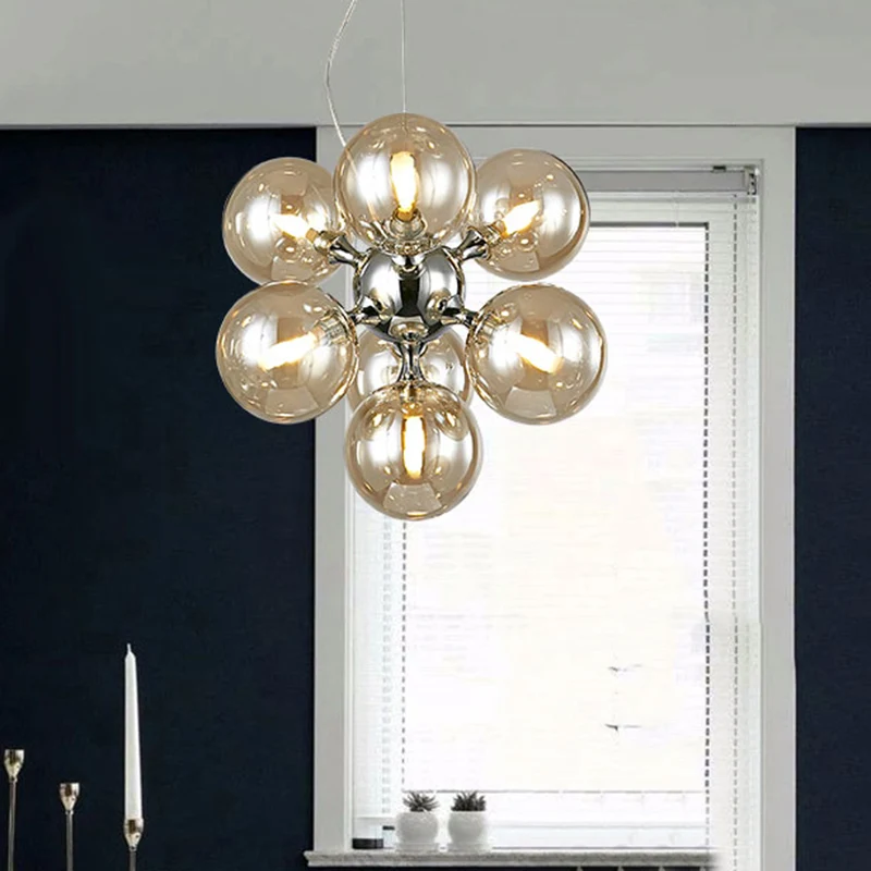 Eigentijdse ronde schaduw kroonluchter amber/rook/wit glas 9 lichts hanglamp voor hoteleetkamer Clearhalo