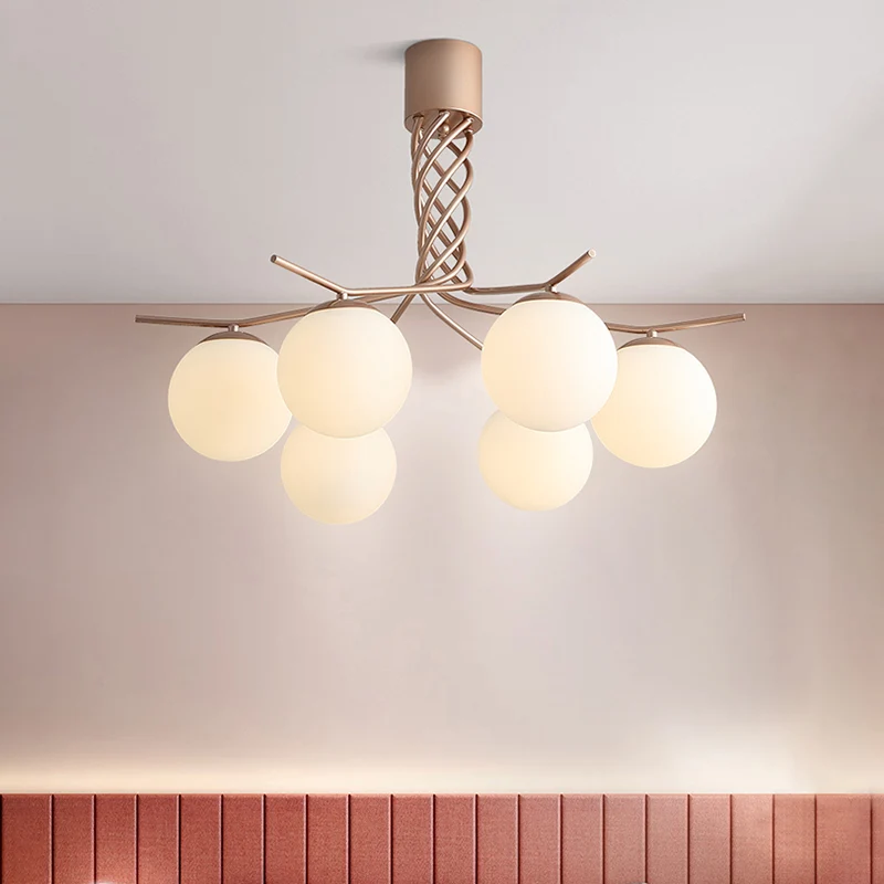 Eigentijdse spiraalkroonluchter, licht ijzeren hanger met 6 koppen roségoud met bolvormige witte glazen kap Clearhalo