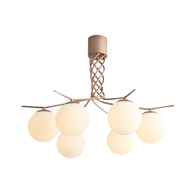 Eigentijdse spiraalkroonluchter, licht ijzeren hanger met 6 koppen roségoud met bolvormige witte glazen kap Clearhalo