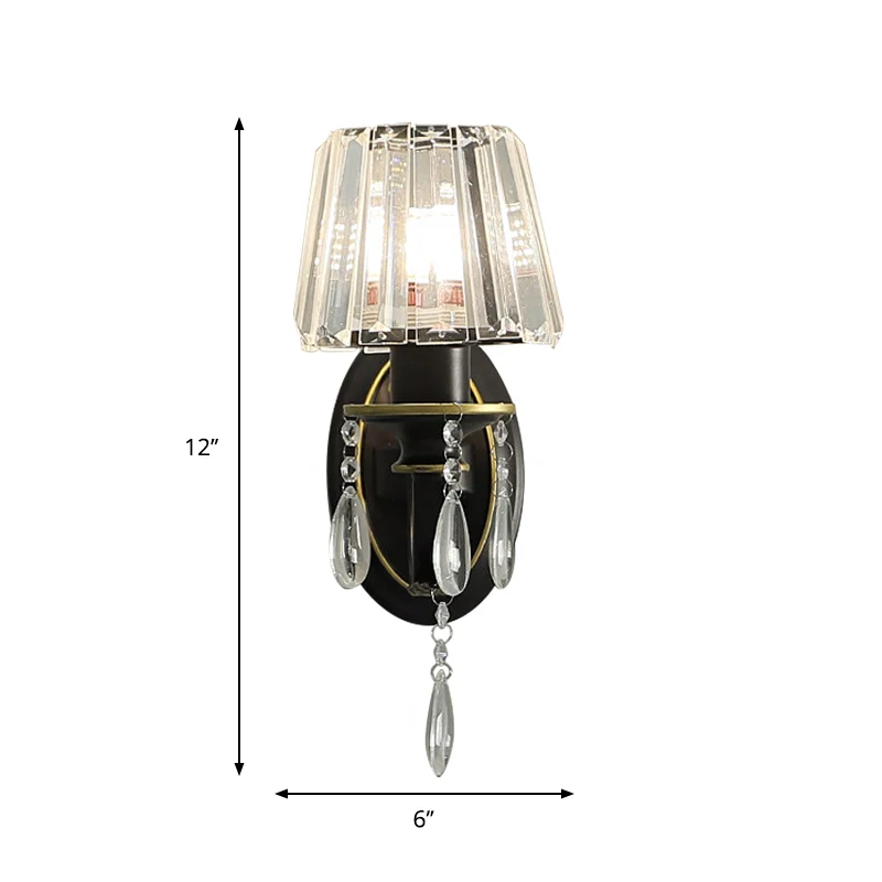 Eigentijdse wandlamp met 1/2 kop en kristallen prismakap, zwarte conische wandlamp Clearhalo