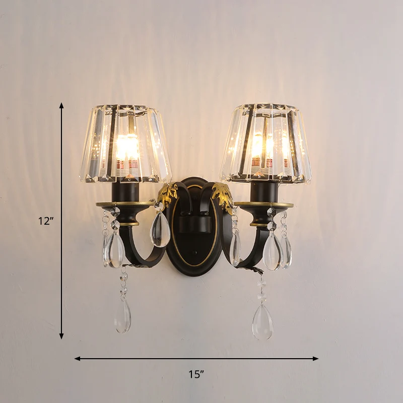 Eigentijdse wandlamp met 1/2 kop en kristallen prismakap, zwarte conische wandlamp Clearhalo
