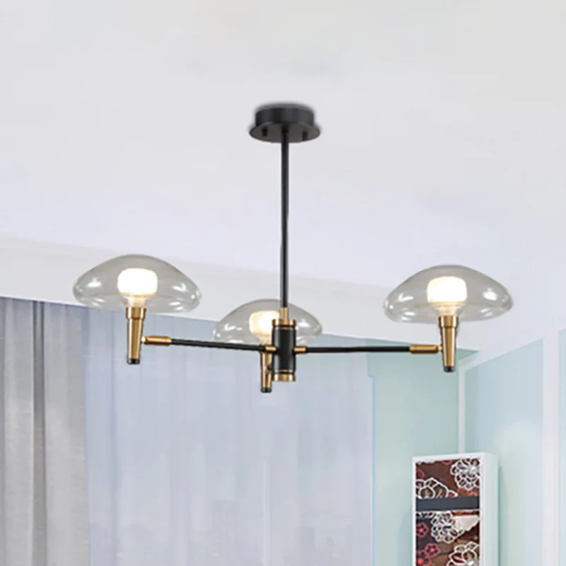 Eigentijdse zwarte kroonluchter paddestoelschaduw 3 lampen transparant glazen hanglamp voor slaapkamer Clearhalo