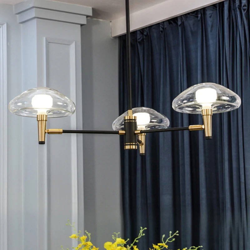 Eigentijdse zwarte kroonluchter paddestoelschaduw 3 lampen transparant glazen hanglamp voor slaapkamer Clearhalo