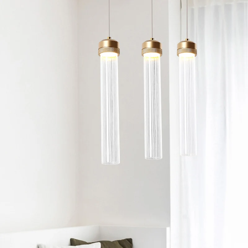 Eilandhanger van helder geribbeld glas, kolom met gouden afwerking, Crystal Island-licht Clearhalo