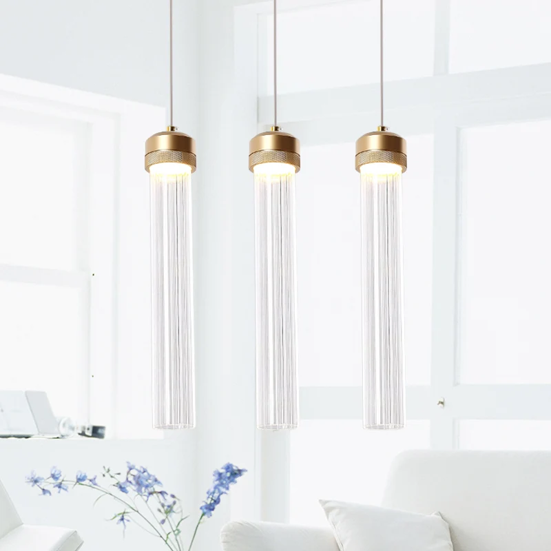 Eilandhanger van helder geribbeld glas, kolom met gouden afwerking, Crystal Island-licht Clearhalo