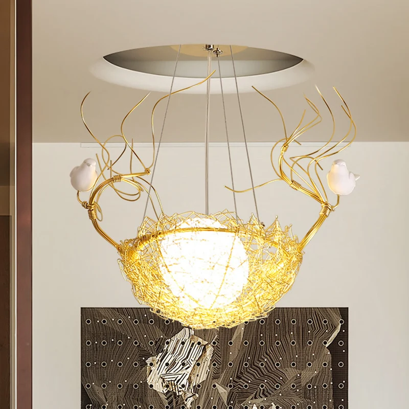 Eivormige hangende plafondhanger Art Deco melkwit glas 1 licht gouden kroonluchter met witte vogels en aluminium vogelnest...