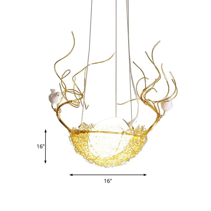 Eivormige hangende plafondhanger Art Deco melkwit glas 1 licht gouden kroonluchter met witte vogels en aluminium vogelnest...