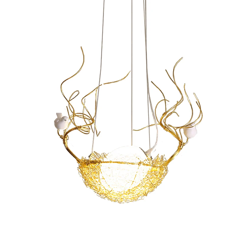 Eivormige hangende plafondhanger Art Deco melkwit glas 1 licht gouden kroonluchter met witte vogels en aluminium vogelnest...