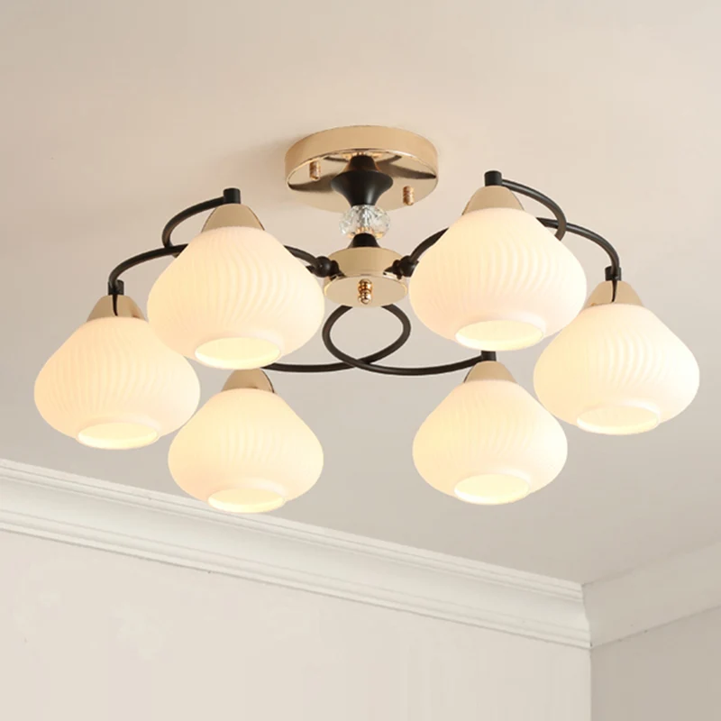 Elegante urnschaduw semi-inbouwlamp 6-kops opaalglazen plafondlamp wit voor woonkamer Clearhalo