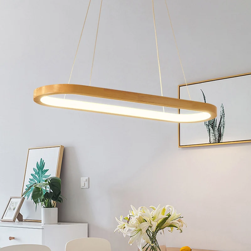 Ellipse Restaurant Eiland Hanglamp Hout 27,5"/35,5" Lange LED Eenvoud Hangende Verlichtingsarmatuur Beige Clearhalo