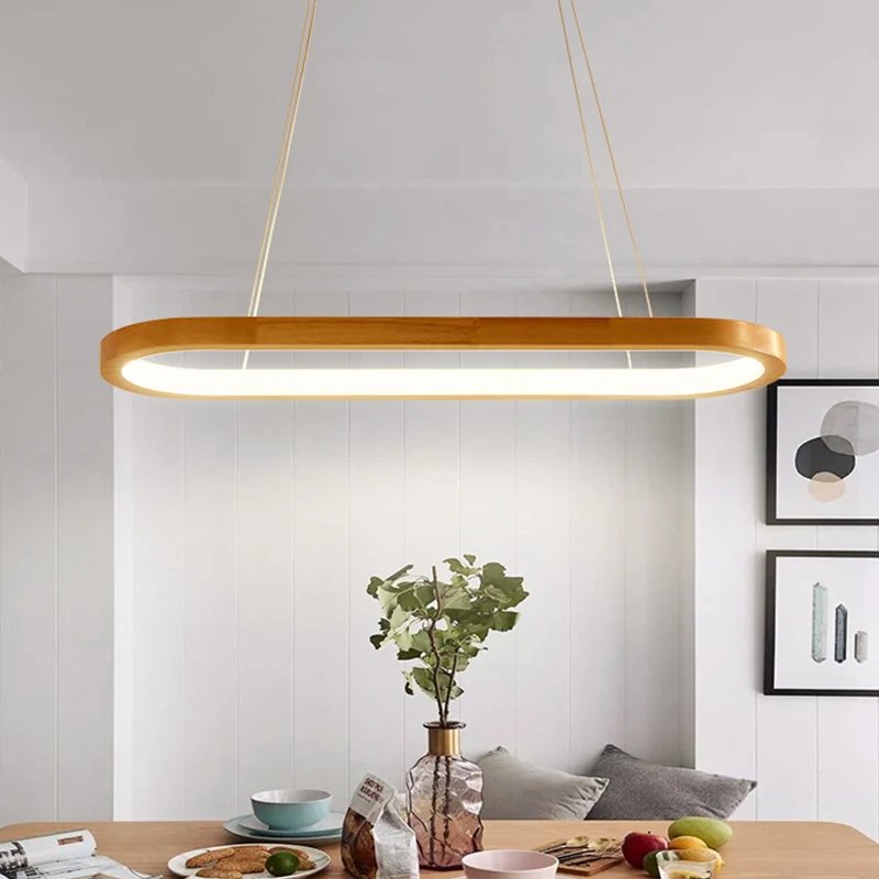 Ellipse Restaurant Eiland Hanglamp Hout 27,5"/35,5" Lange LED Eenvoud Hangende Verlichtingsarmatuur Beige Clearhalo