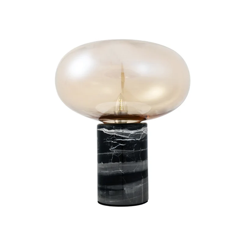 Ellipse woonkamertafellamp wit/amber glas enkele postmoderne nachtlamp met marmeren voetstuk zwart Clearhalo