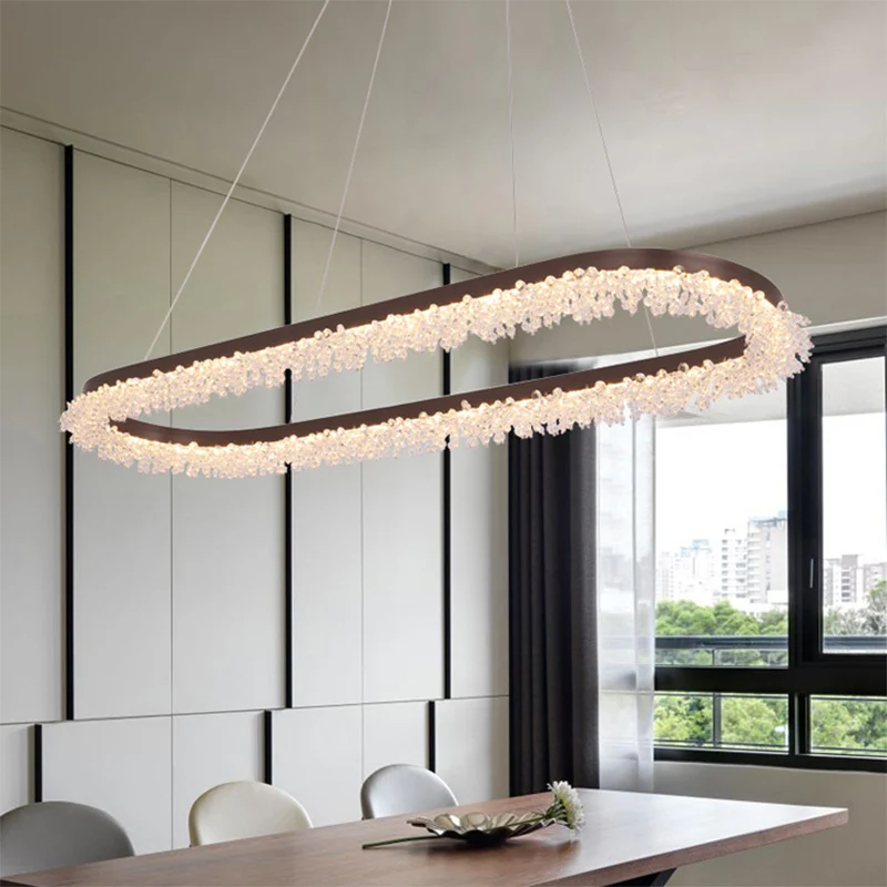 Elliptische kroonluchter hanglamp eigentijds kristalbruine LED-hanglamp warm/wit/natuurlijk licht, 35,5"/47" breed Clearhalo