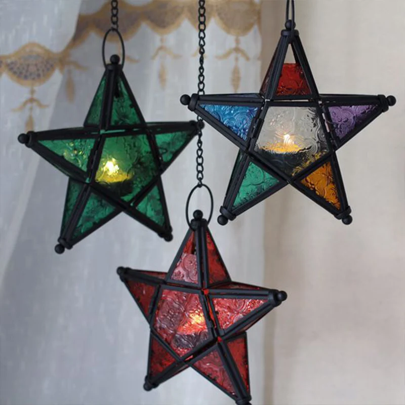 Enkele blauw/rood/helder glazen druppelhanger Bohemen zwarte stervormige hangende plafondlamp aan het nachtkastje Clearhalo