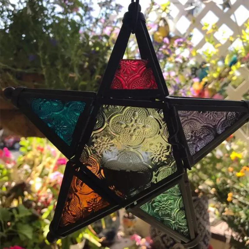 Enkele blauw/rood/helder glazen druppelhanger Bohemen zwarte stervormige hangende plafondlamp aan het nachtkastje Clearhalo