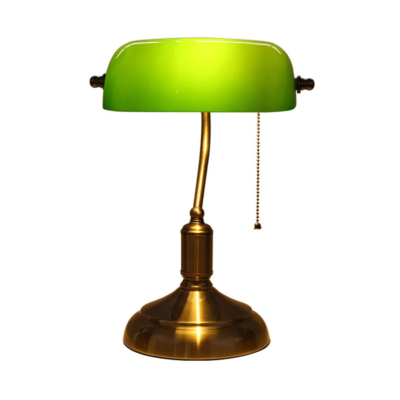 Enkele draaibare schaduwrijke tafelverlichting Retro groen glazen nachtkastjelamp met trekketting gepolijst messing Clearhalo