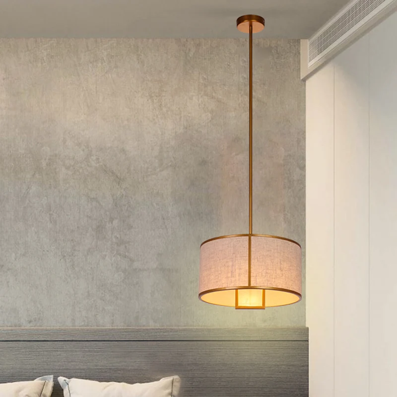 Enkele lichte stoffen trommel hanglamp Minimalistische woonkamer hanglamp met 47" koolstofstalen ophangstang Clearhalo