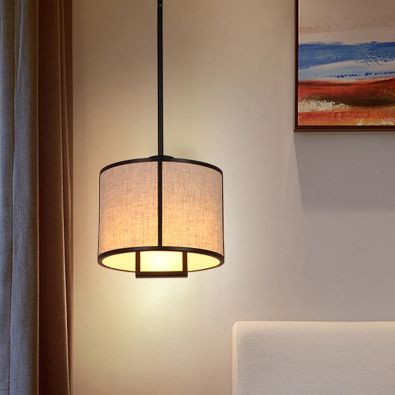 Enkele lichte stoffen trommel hanglamp Minimalistische woonkamer hanglamp met 47" koolstofstalen ophangstang Clearhalo