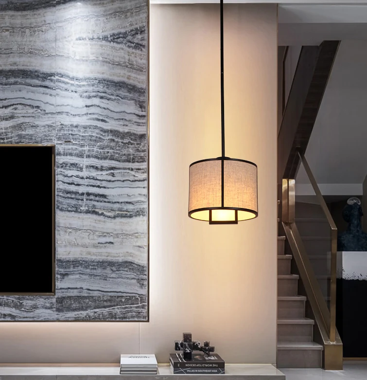 Enkele lichte stoffen trommel hanglamp Minimalistische woonkamer hanglamp met 47" koolstofstalen ophangstang Clearhalo