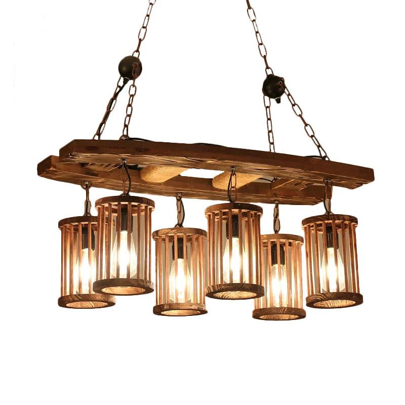 Fabriekscilinder hangend eilandlicht 6-lichts houten hangende kroonluchter met ladderdeco Clearhalo