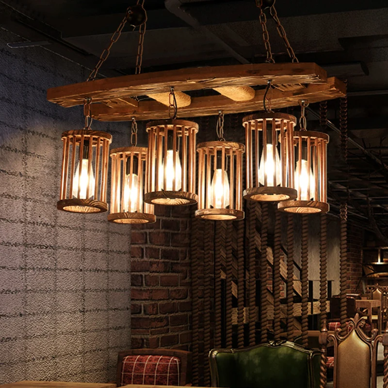 Fabriekscilinder hangend eilandlicht 6-lichts houten hangende kroonluchter met ladderdeco Clearhalo