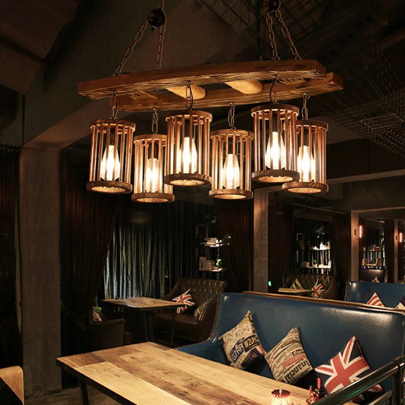 Fabriekscilinder hangend eilandlicht 6-lichts houten hangende kroonluchter met ladderdeco Clearhalo