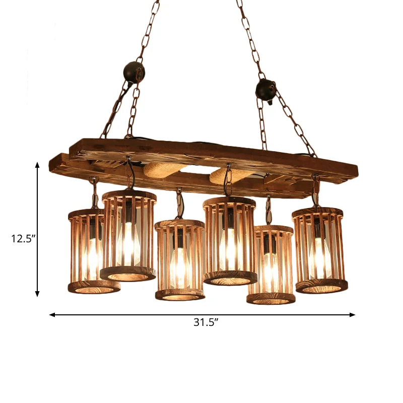 Fabriekscilinder hangend eilandlicht 6-lichts houten hangende kroonluchter met ladderdeco Clearhalo