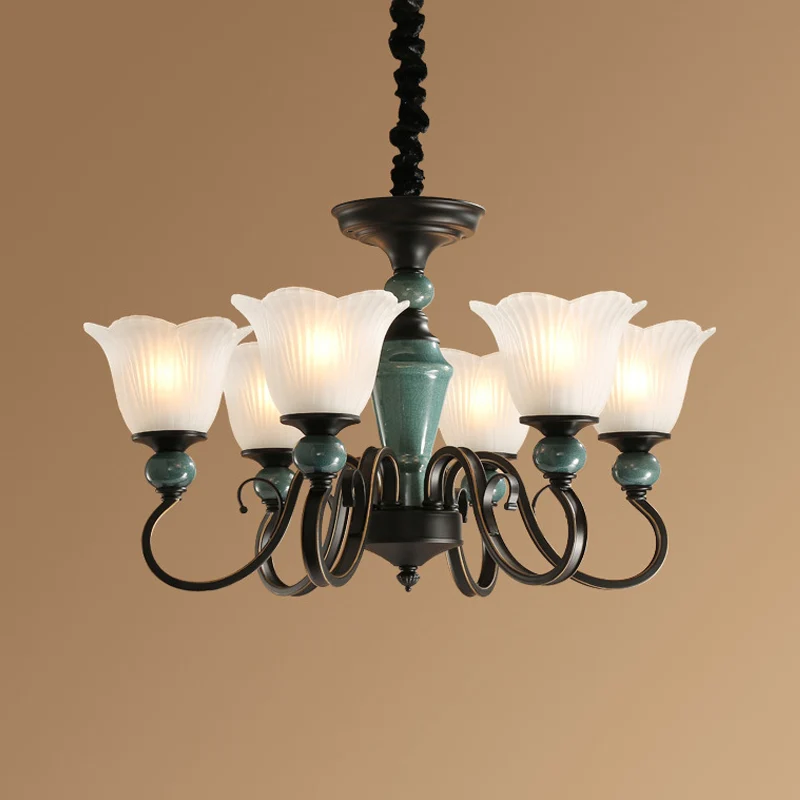Farmhouse Blossom Up Kroonluchter 3/8/12 Heads Frosted geribbeld glazen plafond hanglamp zwartachtig groen Clearhalo