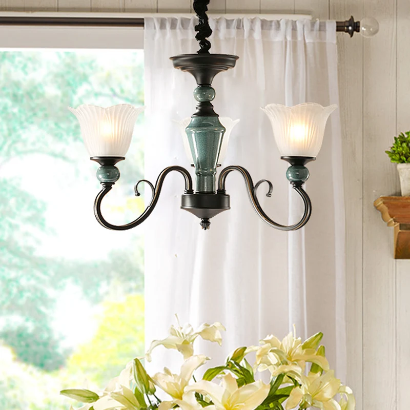 Farmhouse Blossom Up Kroonluchter 3/8/12 Heads Frosted geribbeld glazen plafond hanglamp zwartachtig groen Clearhalo