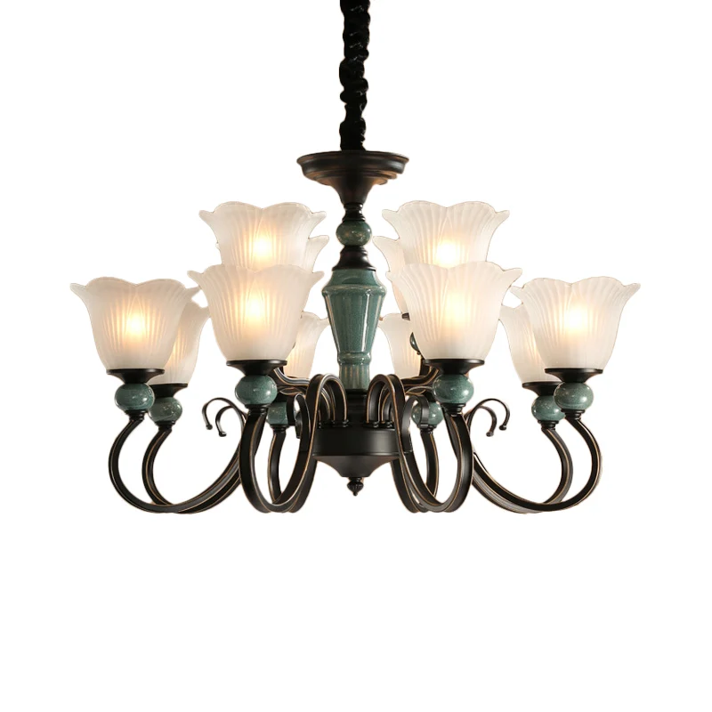 Farmhouse Blossom Up Kroonluchter 3/8/12 Heads Frosted geribbeld glazen plafond hanglamp zwartachtig groen Clearhalo
