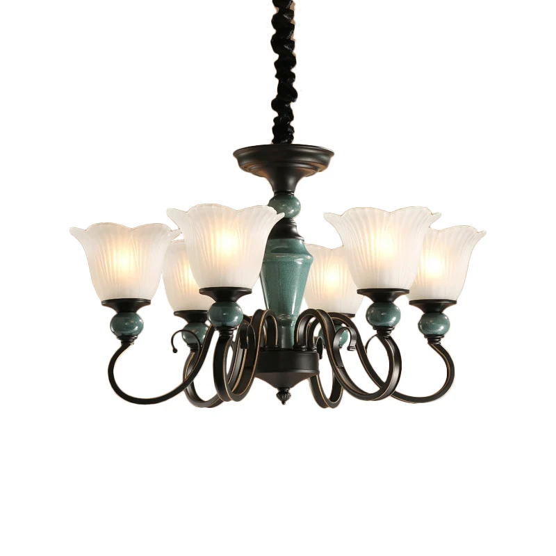 Farmhouse Blossom Up Kroonluchter 3/8/12 Heads Frosted geribbeld glazen plafond hanglamp zwartachtig groen Clearhalo