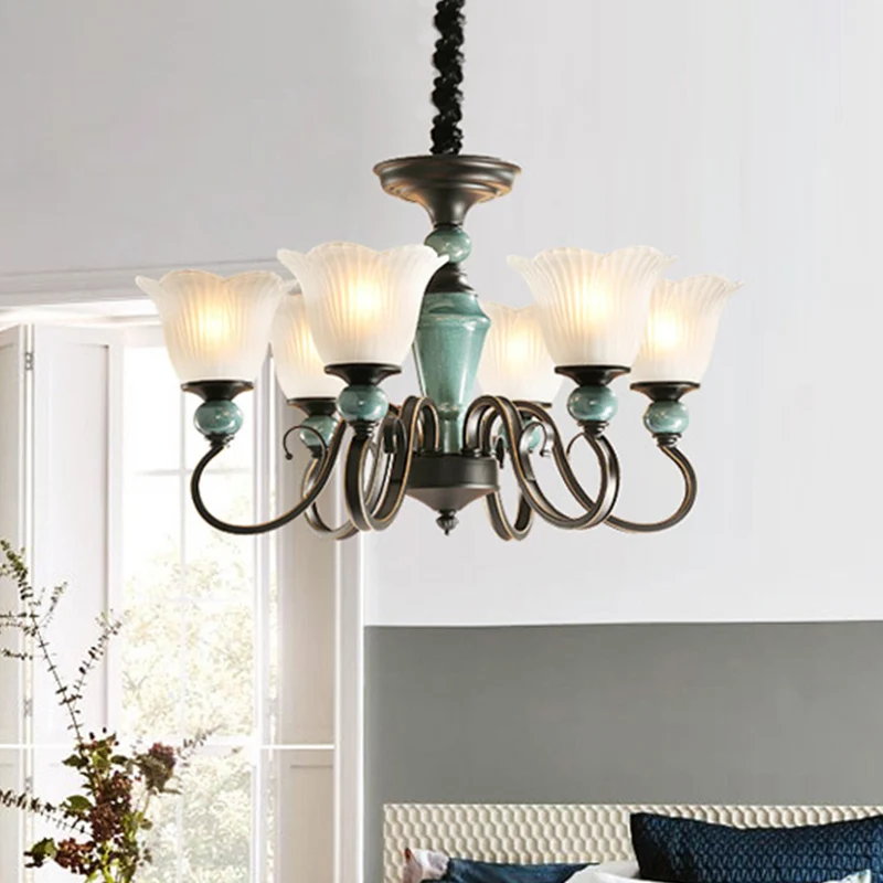 Farmhouse Blossom Up Kroonluchter 3/8/12 Heads Frosted geribbeld glazen plafond hanglamp zwartachtig groen Clearhalo