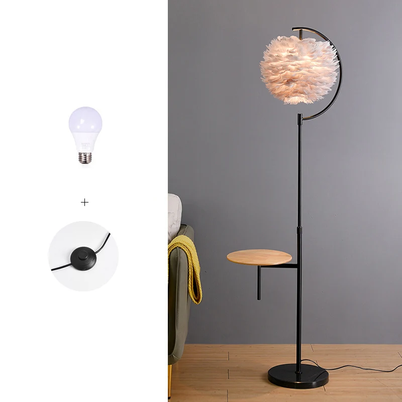 Feather Ball Shade staande lamp Nordic 1-lamp verstelbare vloerlamp met houten dienblad Clearhalo