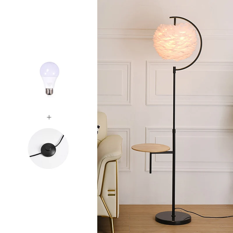 Feather Ball Shade staande lamp Nordic 1-lamp verstelbare vloerlamp met houten dienblad Clearhalo