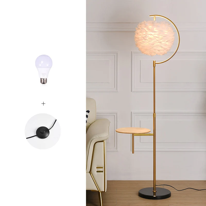 Feather Ball Shade staande lamp Nordic 1-lamp verstelbare vloerlamp met houten dienblad Clearhalo