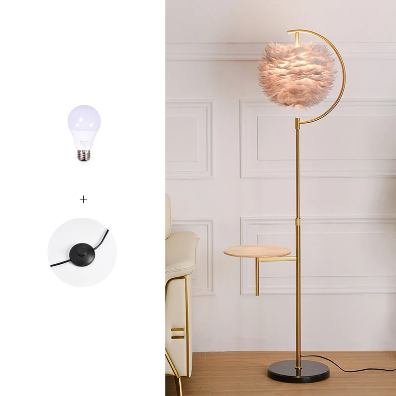 Feather Ball Shade staande lamp Nordic 1-lamp verstelbare vloerlamp met houten dienblad Clearhalo