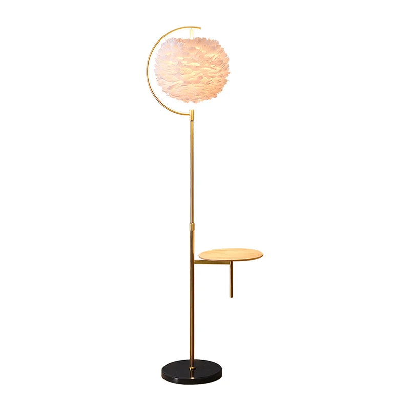 Feather Ball Shade staande lamp Nordic 1-lamp verstelbare vloerlamp met houten dienblad Clearhalo