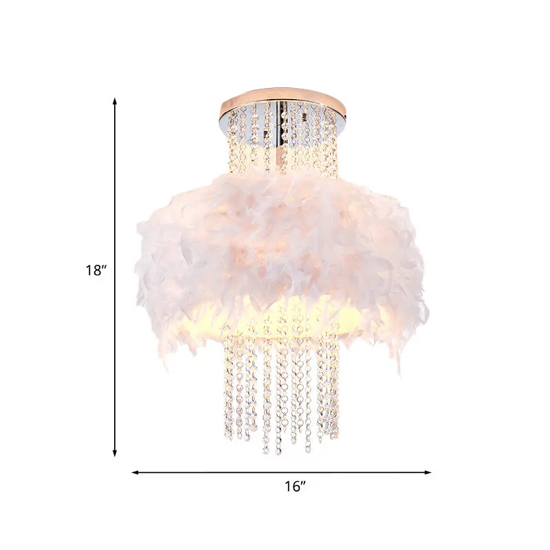 Feather Fluffy Drum semi-inbouw kroonluchter moderne stijl 4 lampen slaapkamer plafondlamp met kristallen ketting chroom C...
