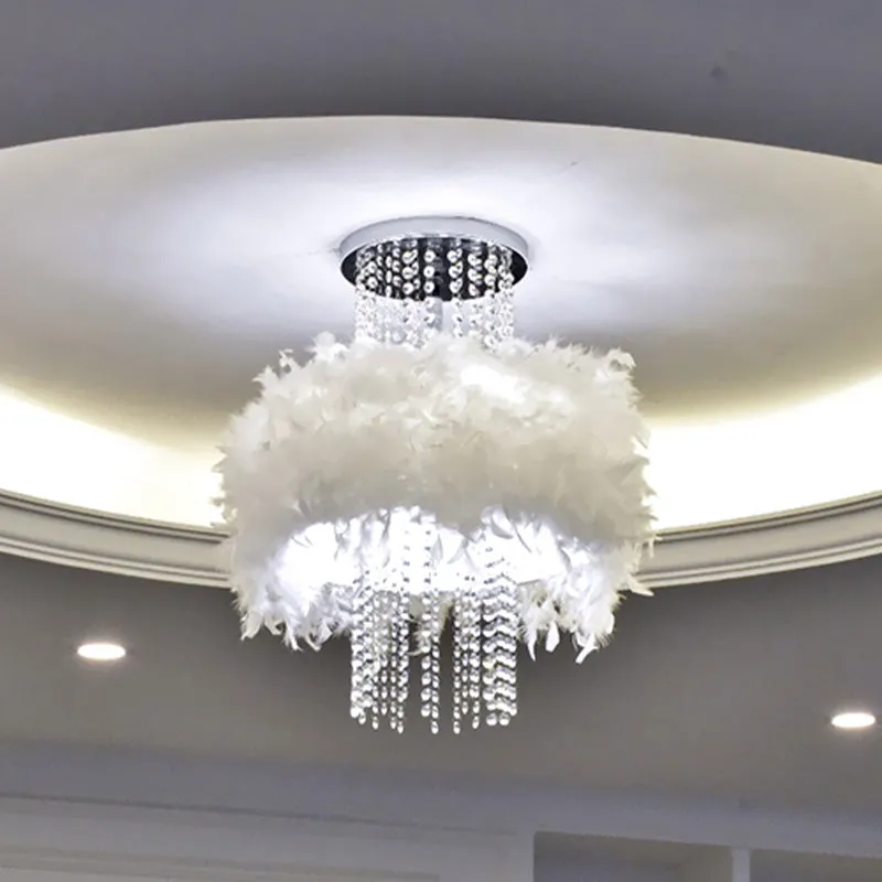 Feather Fluffy Drum semi-inbouw kroonluchter moderne stijl 4 lampen slaapkamer plafondlamp met kristallen ketting chroom C...